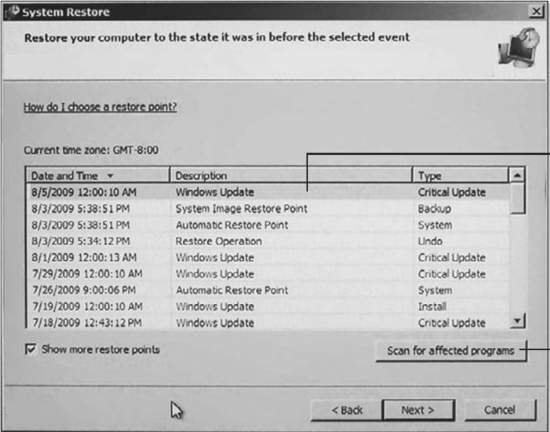 выбор даты восстановления