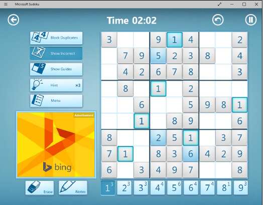 Судоку с рекламой Bing.